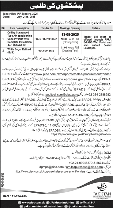 Pakistan International Airlines Karachi Tender Notice